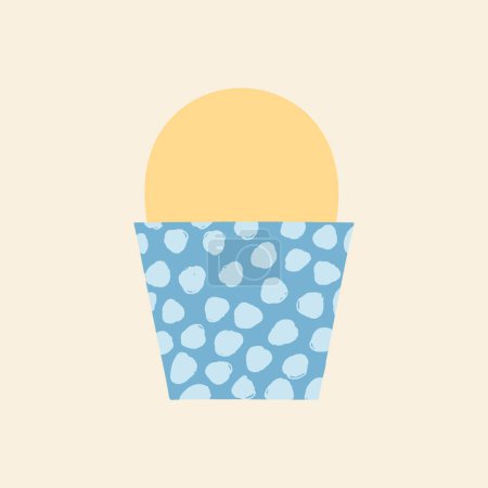 Gefärbtes Ei in Tasse Vektor Illustration. Ostersymbolkarte. Gelb bemaltes Ei in blauem Eierhalter mit handgemalten Pinselstrichen verziert. Frohe Ostern. Osteressen-Ikone, Plakat