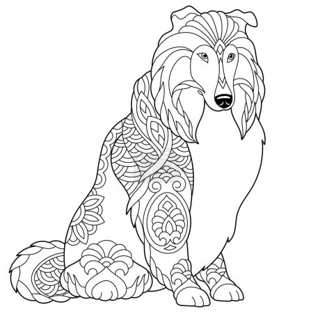 Cute shetland sheepdog or sheltie dog. Adult coloring book page in mandala style