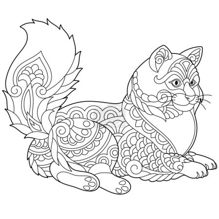 Cute Turkish angora cat. Adult coloring book page in mandala style
