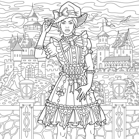 Illustration for Beautiful girl in vintage dress and hat. Halloween adult coloring book page in mandala style - Royalty Free Image