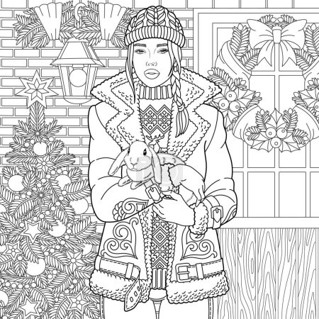 Ilustración de Chica de invierno sosteniendo lindo conejito. Libro para colorear para adultos de Navidad página en estilo mandala - Imagen libre de derechos