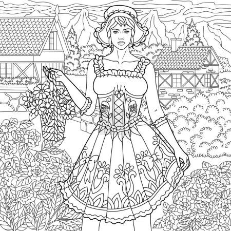 Téléchargez les illustrations : Femme bavaroise avec panier floral, paysage rural. Livre de coloriage adulte dans le style mandala - en licence libre de droit