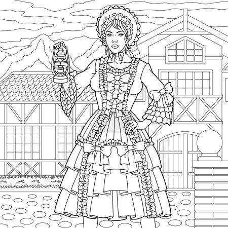 Téléchargez les illustrations : Belle femme en robe vintage tenant lanterne. Livre de coloriage adulte dans le style mandala - en licence libre de droit