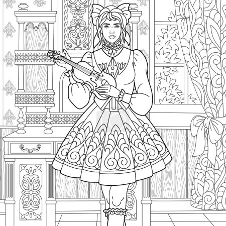 Illustration for Lovely girl playing violin music. Adult coloring book page in mandala style - Royalty Free Image