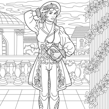 Beautiful steampunk woman. Adult coloring book page in mandala style