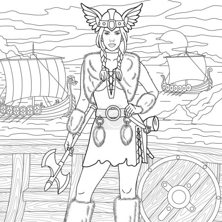 Téléchargez les illustrations : Belle femme viking. Livre de coloriage adulte avec mandala et éléments en zentangle - en licence libre de droit