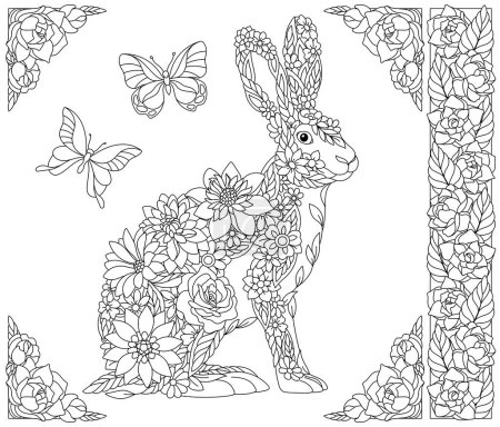 Ilustración de Conejo floral. Libro para colorear para adultos página con animales de fantasía y elementos de flores - Imagen libre de derechos