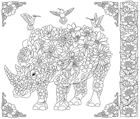 Rinoceronte floral. Libro para colorear para adultos página con animales de fantasía y elementos de flores