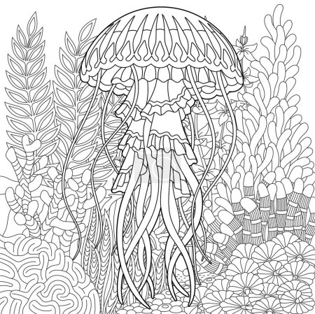 Illustration for Underwater scene with a jellyfish. Adult coloring book page with intricate mandala and zentangle elements - Royalty Free Image