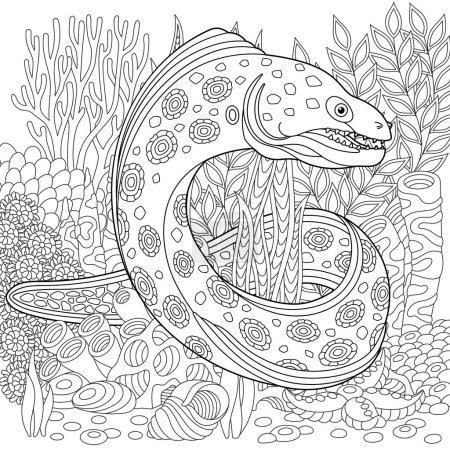 Underwater scene with a moray eel. Adult coloring book page with intricate mandala and zentangle elements