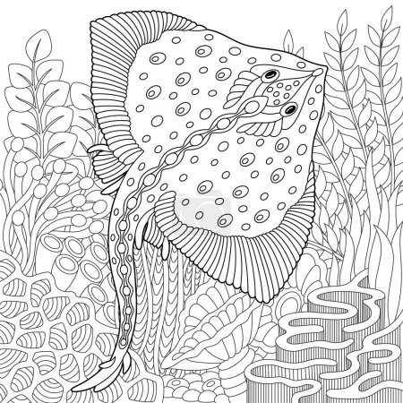 Illustration for Underwater scene with a manta ray. Adult coloring book page with intricate mandala and zentangle elements - Royalty Free Image