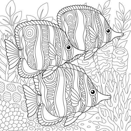 Unterwasserszene mit einem Schwarm Schmetterlingsfische. Erwachsene Malbuchseite mit komplizierten Mandala- und Zentangle-Elementen