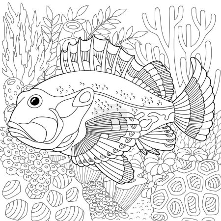 Téléchargez les illustrations : Scène sous-marine avec un poisson ruffe. Livre de coloriage adulte avec mandala complexe et éléments en zentangle - en licence libre de droit