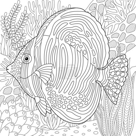 Underwater scene with a sailfin tang fish. Adult coloring book page with intricate mandala and zentangle elements