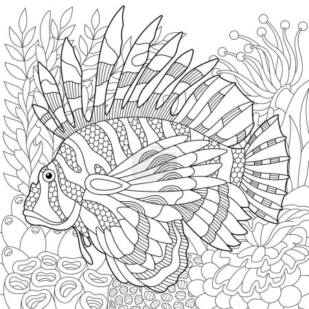 Underwater scene with a lionfish. Adult coloring book page with intricate mandala and zentangle elements