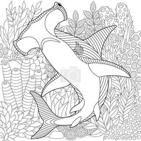 Illustration for Underwater scene with a hammerhead shark. Adult coloring book page with intricate mandala and zentangle elements - Royalty Free Image