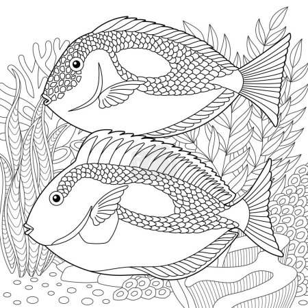 Underwater scene with a royal blue tang or surgeonfish. Adult coloring book page with intricate mandala and zentangle elements
