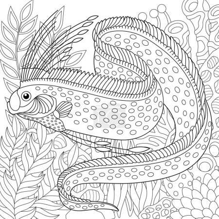 Underwater scene with the oarfish. Adult coloring book page with intricate mandala and zentangle elements