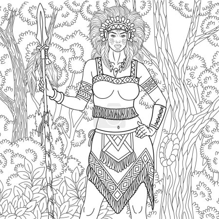 Illustration for Beautiful Native American Indian woman in the forest. Adult coloring book page with intricate ornament. - Royalty Free Image