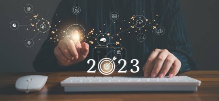 Foto de AI chip, new technology bigdata and business design concept with cloud computing and online smart industry storage for new year target. - Imagen libre de derechos