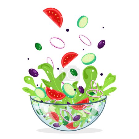 Salat. Grüner, gesunder Gemüsesalat. Glasschale mit fallendem frischem Gemüse vorhanden. Rohkost kalorienarme Lebensmittel, veganes vegetarisches Konzept. Naturprodukte, Biolebensmittel, Rezepte. Vektorillustration Tomate, Gurke, Zwiebel, Salat, Oliven, Paprika 