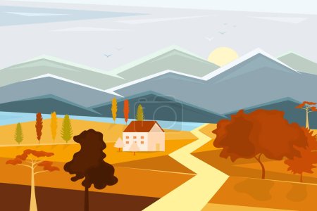 Photo for Vector poster with a view of the natural landscape. House in the mountains. Autumn landscape. - Royalty Free Image