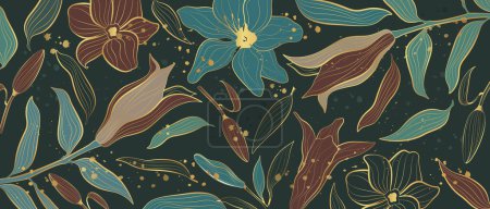 Photo for Vector banner with golden flowers in line-art style on a dark background. - Royalty Free Image