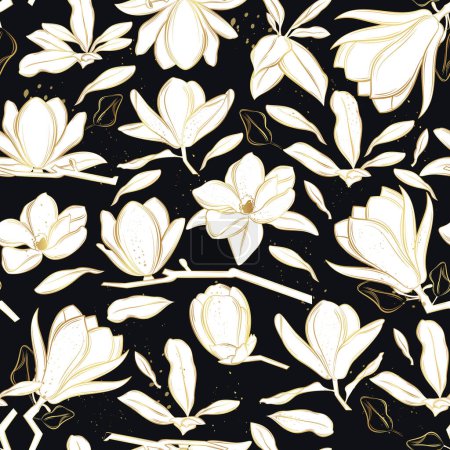 Photo for Seamless vector pattern with magnolia flowers on a black background. Line art style. - Royalty Free Image