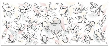 Photo for Magnolia flowers set. Vector flowers. Line art style. Watercolor background. - Royalty Free Image
