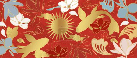 Photo for Vector banner with traditional Chinese elements and ornament. Koi carp in gold color on a red background with flowers. Chinese background. - Royalty Free Image