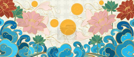 Photo for Vector poster with koi carp on a Japanese theme. Line art style. Vector background. - Royalty Free Image