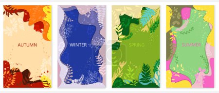Photo for Four vector backgrounds with plants and twigs. Seasons of the year.Paper cut background. - Royalty Free Image