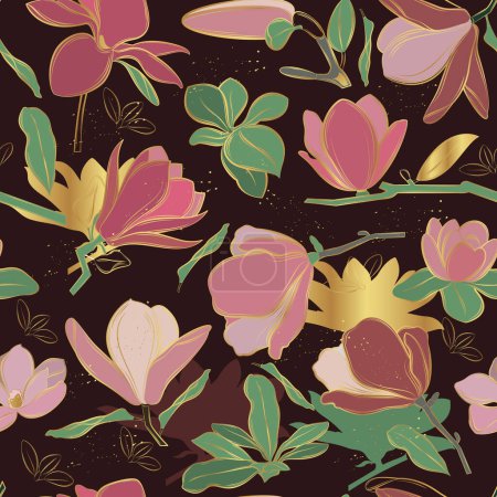 Photo for Seamless vector pattern with golden magnolias on a brown background. - Royalty Free Image