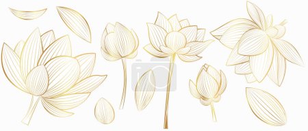 Photo for Set of lotus flowers in golden color on a white background. Line art style - Royalty Free Image