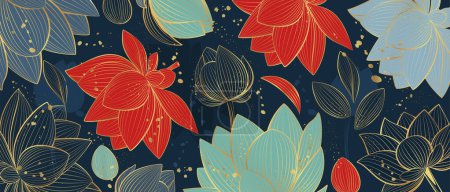 Foto de Cartel vectorial con flores de loto sobre fondo azul. Estilo de arte de línea. - Imagen libre de derechos