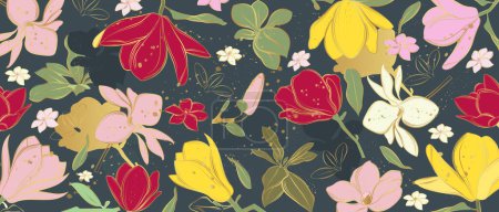  Plakat wektorowy ze złotymi kwiatami magnolii na czarnym tle. Linia styl sztuki.
