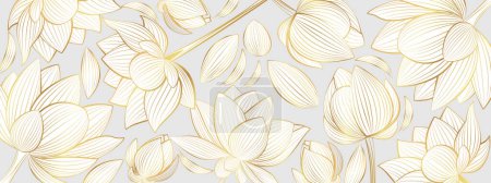 Photo for Vector poster with golden lotus flowers on a gray background. Golden lotus flowers in line art style. - Royalty Free Image