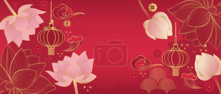 Photo for Vector banner with golden lotus flowers on a red background. Chinese background - Royalty Free Image
