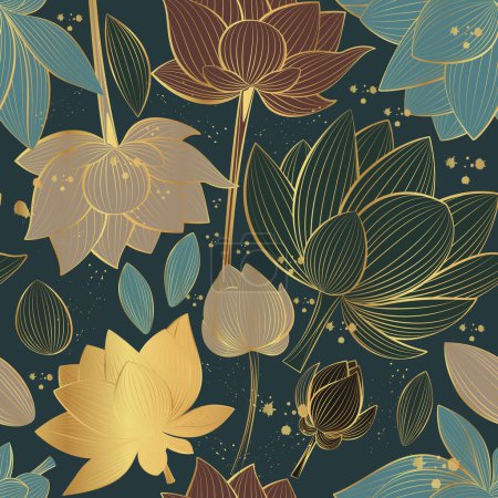Téléchargez les photos : Modèle vectoriel sans couture avec des fleurs de lotus sur un fond bleu foncé. - en image libre de droit
