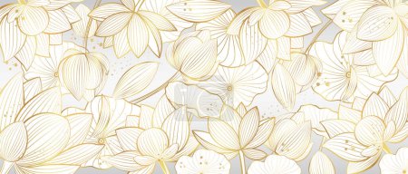 Photo for Vector poster with golden lotus flowers on a gray background. Golden lotus flowers in line art style. - Royalty Free Image