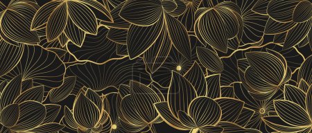 Vector banner with golden lotus flowers on a black background. Line art style.