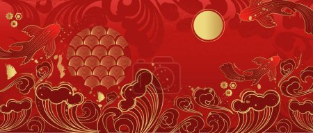Photo for Vector banner on an Asian theme. Line art style. Chinese symbols. - Royalty Free Image