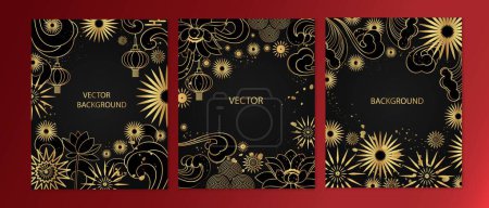 Photo for Vector postcards with golden Asian symbols on a black background. Asian background. - Royalty Free Image