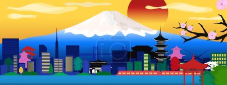 Photo for Vector poster with Japanese city view. Japanese traditional characters. Urban view. - Royalty Free Image