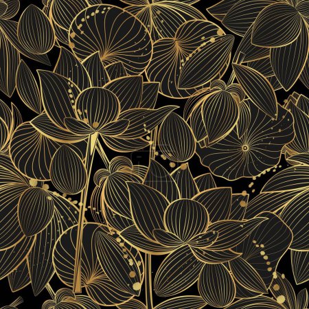 Photo for Seamless vector pattern with lotus flowers on a black background. Line art style. - Royalty Free Image
