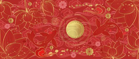 Photo for Vector banner with traditional Chinese elements and ornament. Koi carp in gold color on a red background with peony flowers. Chinese background. - Royalty Free Image