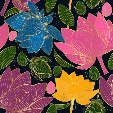 Photo for Seamless vector pattern with lotus flowers on a dark background. Golden flowers in line art style. - Royalty Free Image