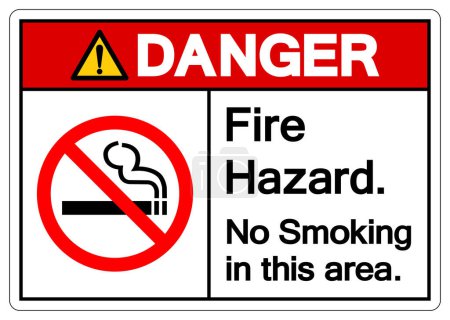 Téléchargez les illustrations : Danger Risque d'incendie Interdiction de fumer dans cette zone Symbole Signe, Illustration vectorielle, Isolé sur l'étiquette de fond blanc. PSE10 - en licence libre de droit