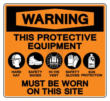Este equipo de protección debe ser usado en este signo de símbolo del sitio, ilustración vectorial, aislamiento en la etiqueta de fondo blanco. EPS10  