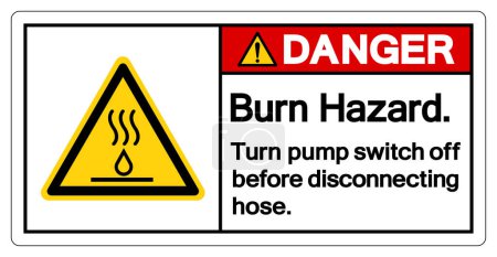 Illustration for Danger Burn Hazard Turn pump switch off before disconnecting hose Symbol Sign,Vector Illustration, Isolated On White Background Label. EPS10 - Royalty Free Image